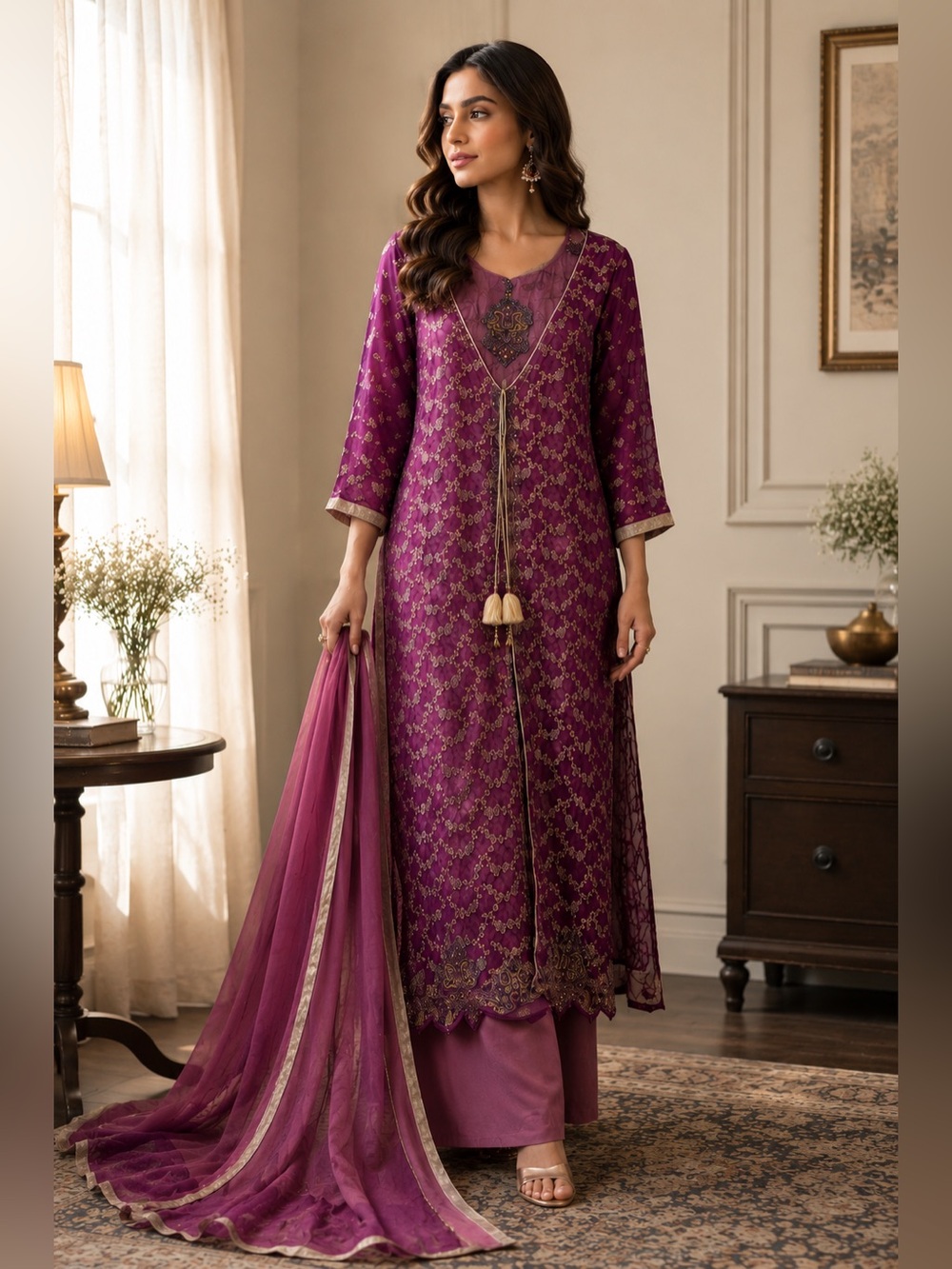 Plum Purple Embroidered Pakistani Salwar Kameez 3-Piece size L